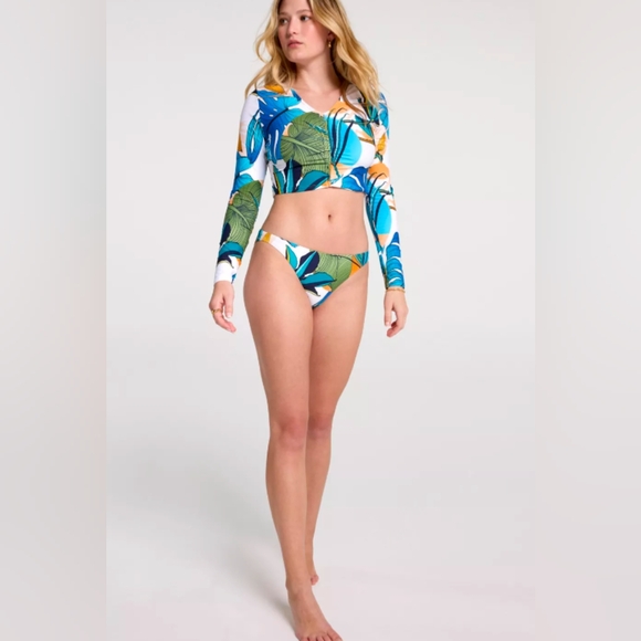 Calia Botanical Print White Ruched Rash guard Size Large